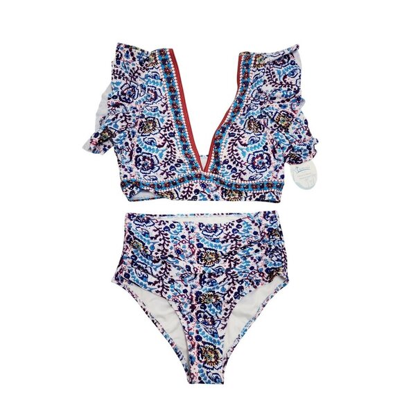 Womens Soucrat Ruffled V-Neck Bikini Set High-Waist Floral Swimsuit S Multicolor - Picture 1 of 7